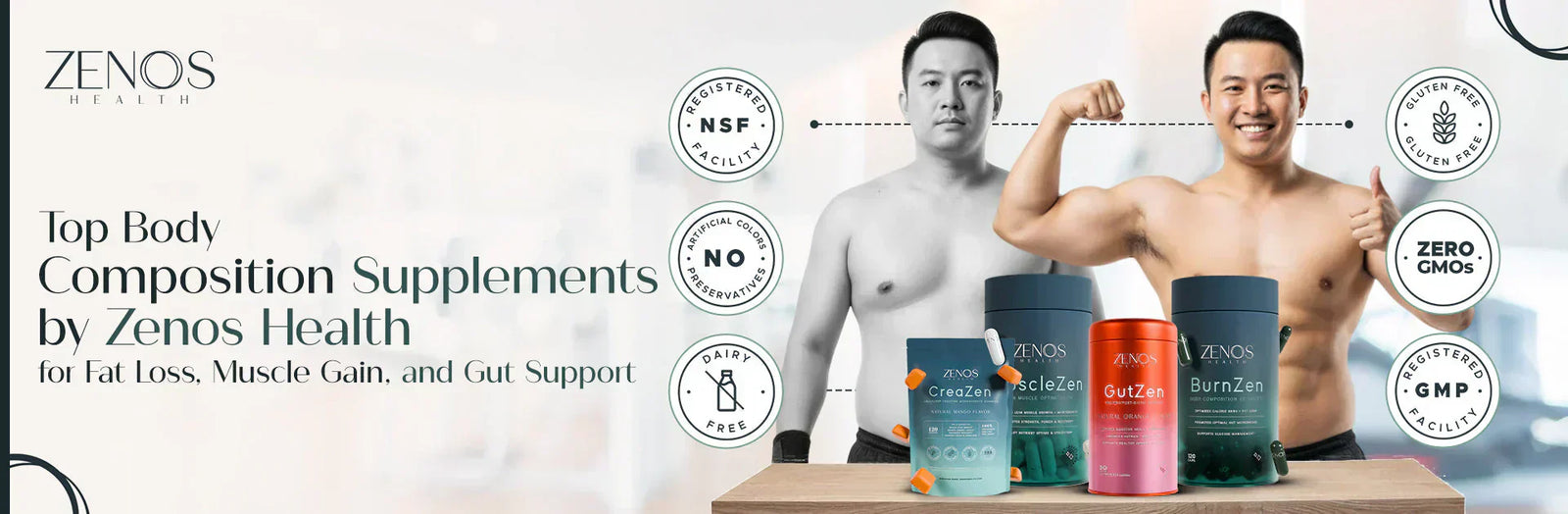 Top Body Composition Supplements by Zenos Health for Fat Loss, Muscle Gain, and Gut Support